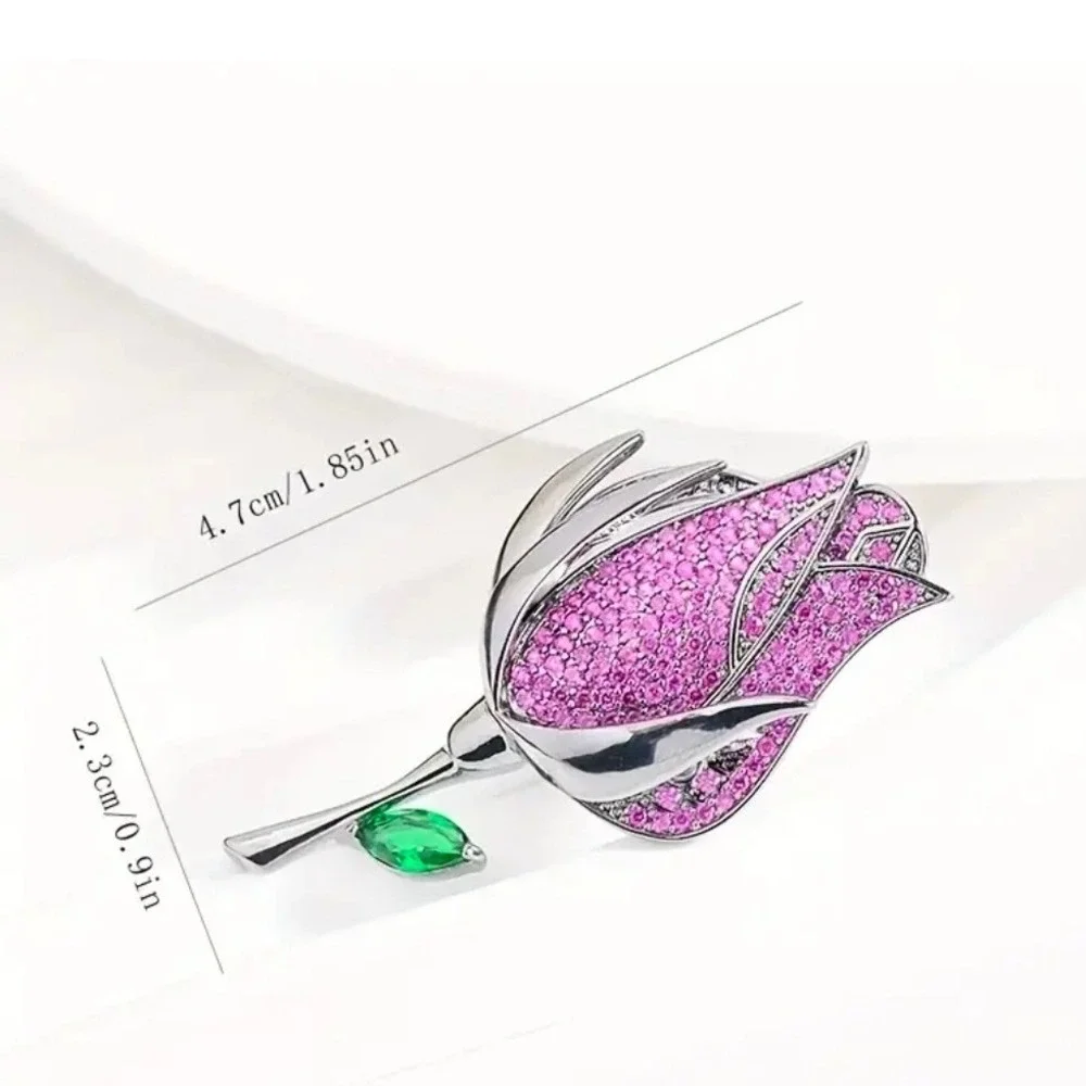 Elegant Rose Flower Brooch Pin Rhinestone‎ Crystal Gem Leaf Silver Women Jewelry